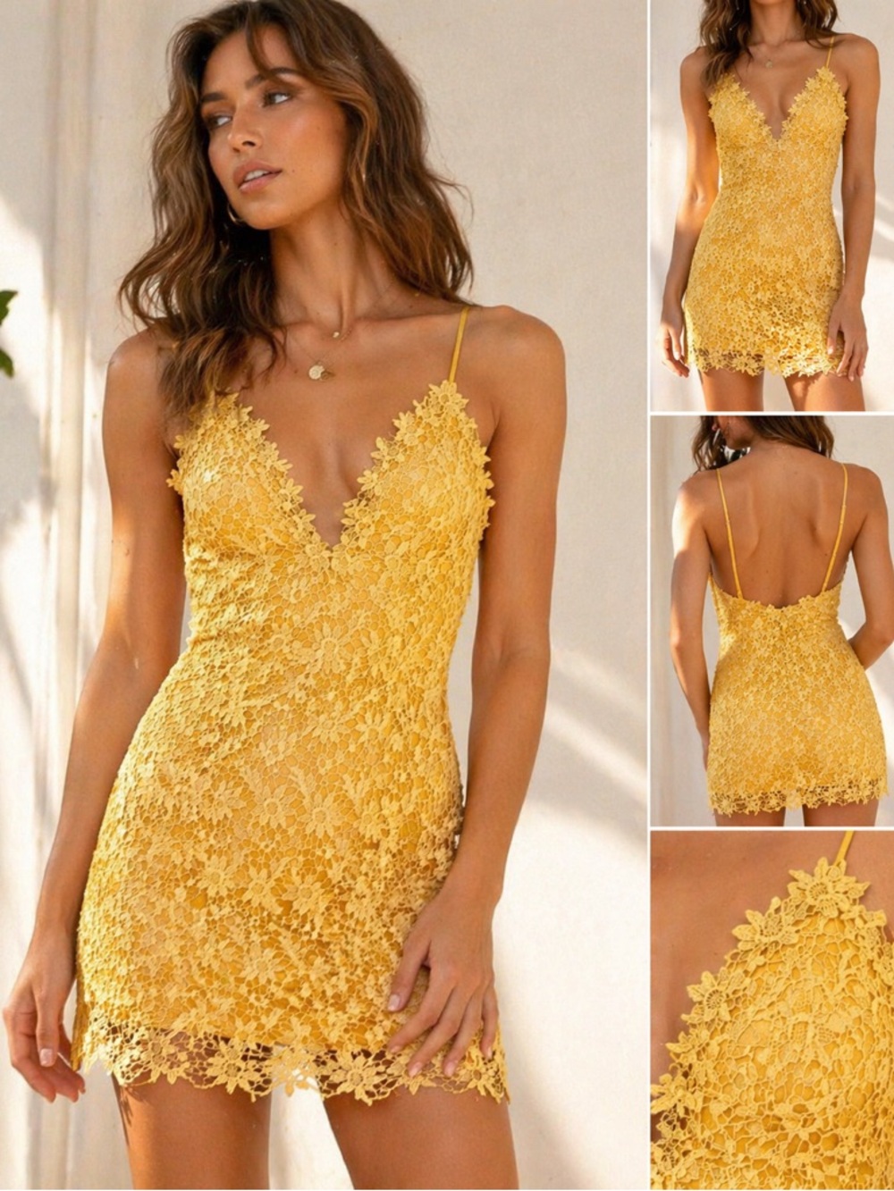 Lace Spaghetti-Strap Mini Dress in Yellow